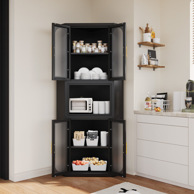 Metal Tall Corner Pantry Storage Cabinet with Acrylic Glass Doors 1 Open Bar Shelf for Kitchen Living Room Mercer41 Color Black